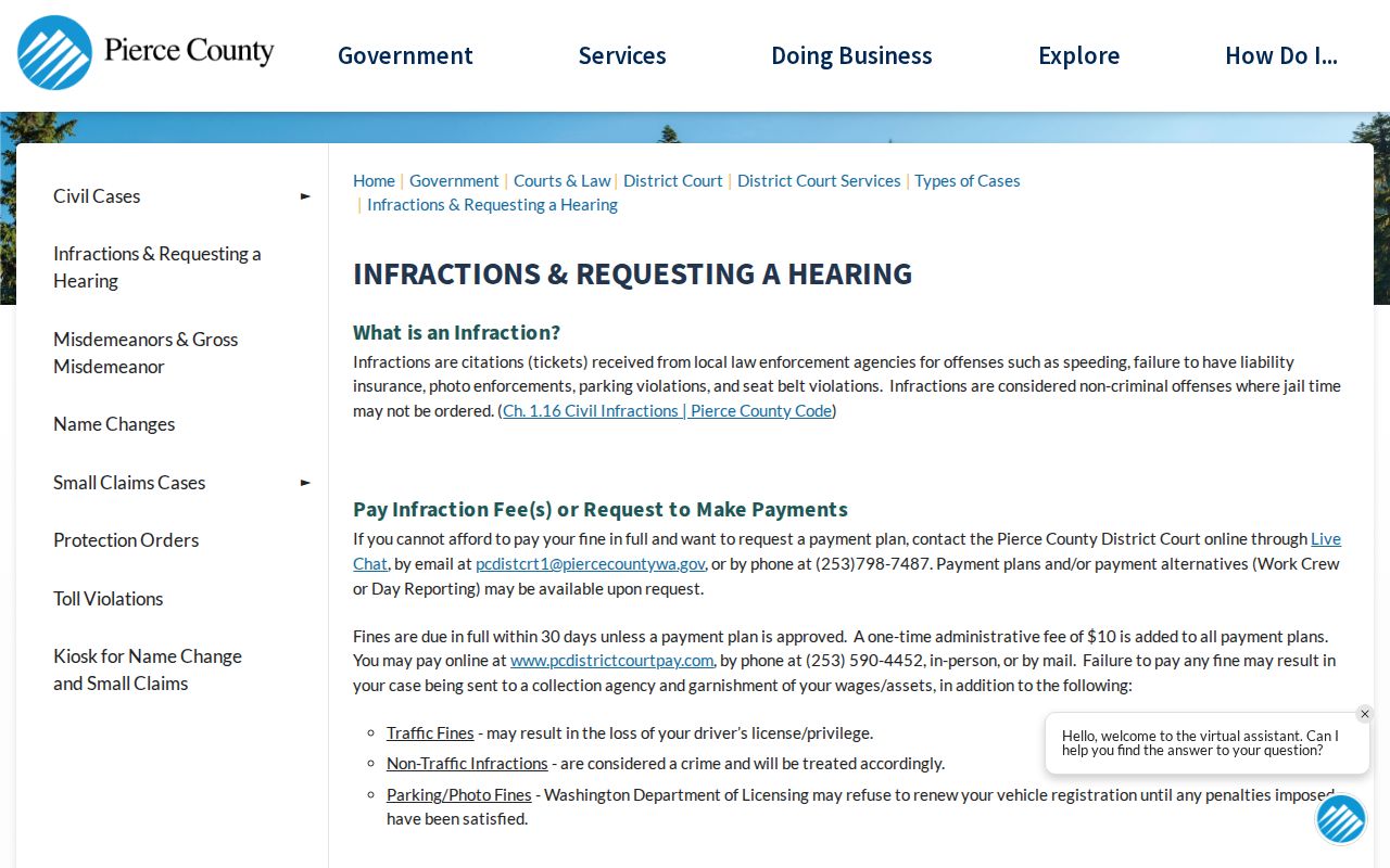 Pierce County District Court infraction hearing page