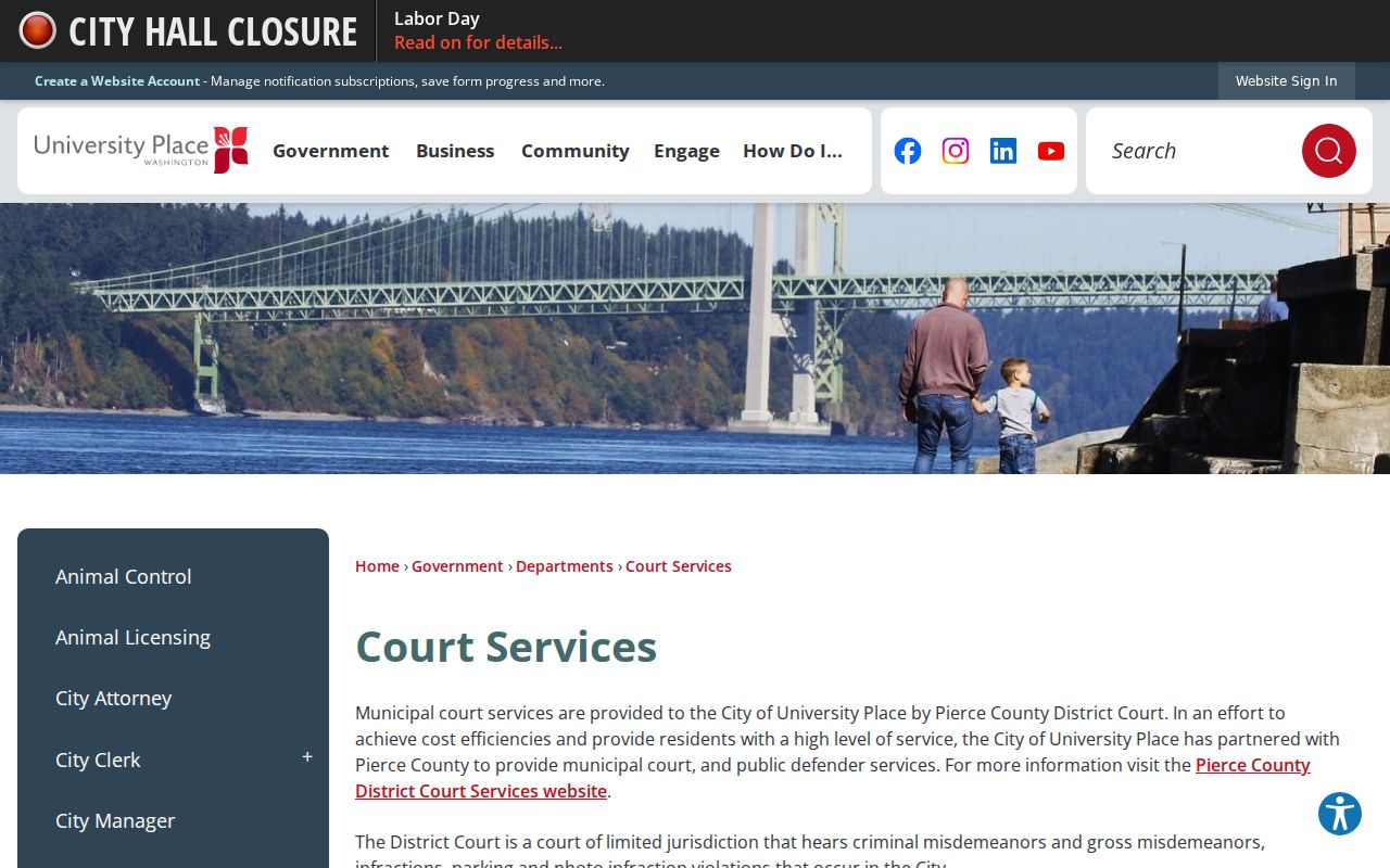 University Place Court Services webpage explaining District Court routing