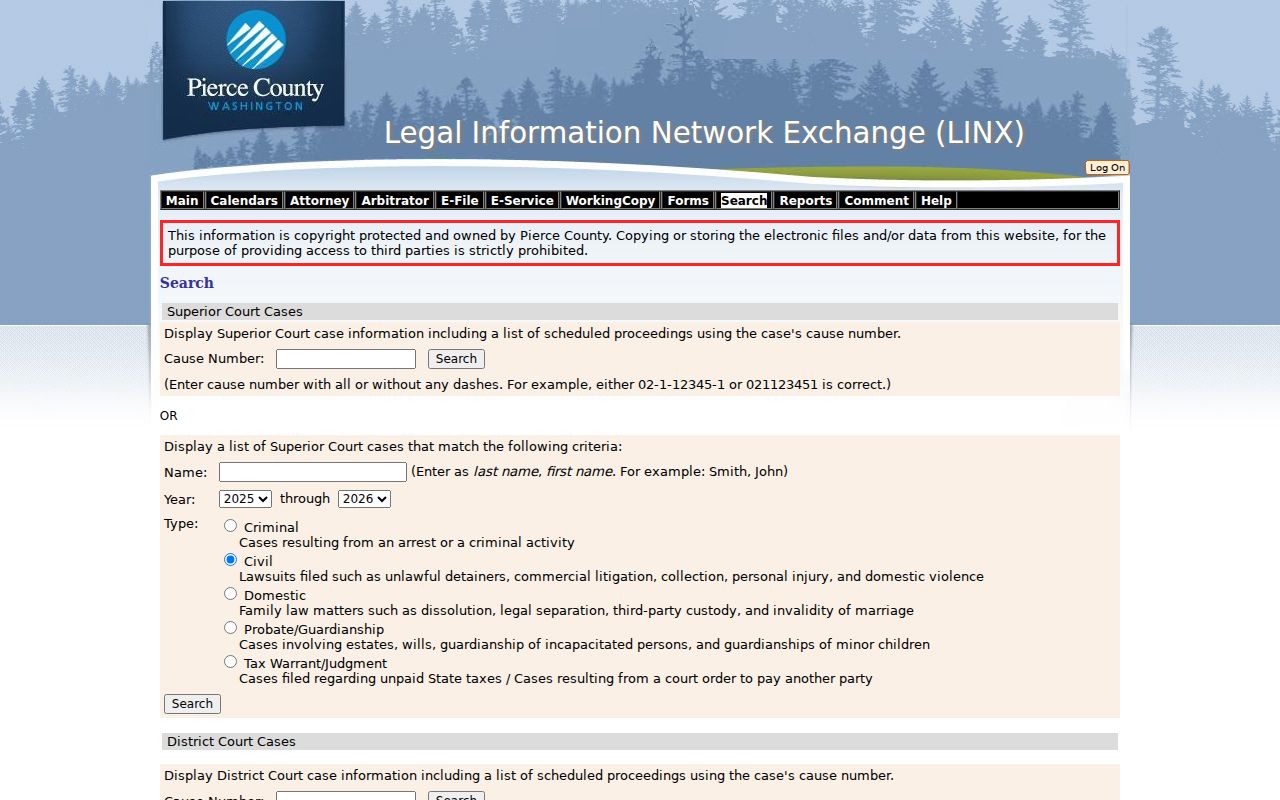 Pierce County court docket LINX search fields