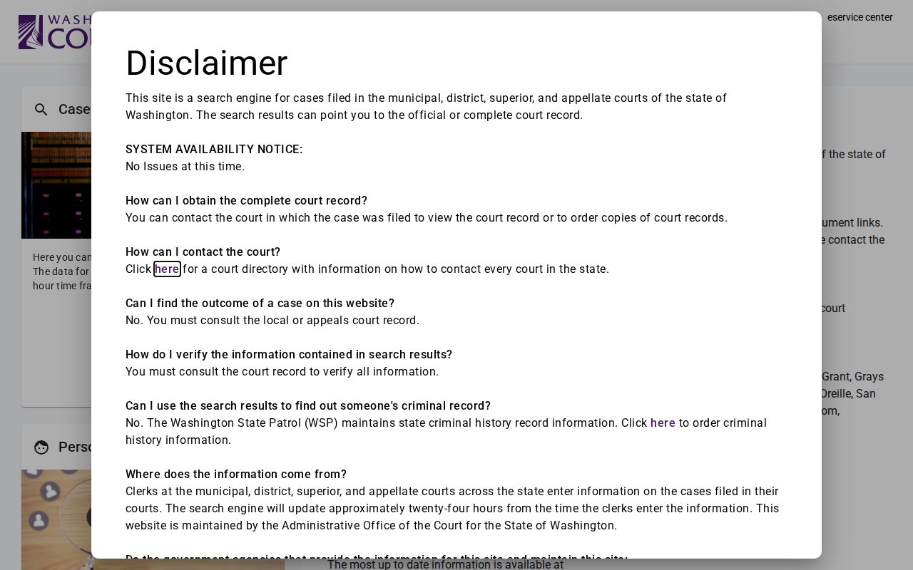 Pierce County court docket statewide Washington search portal