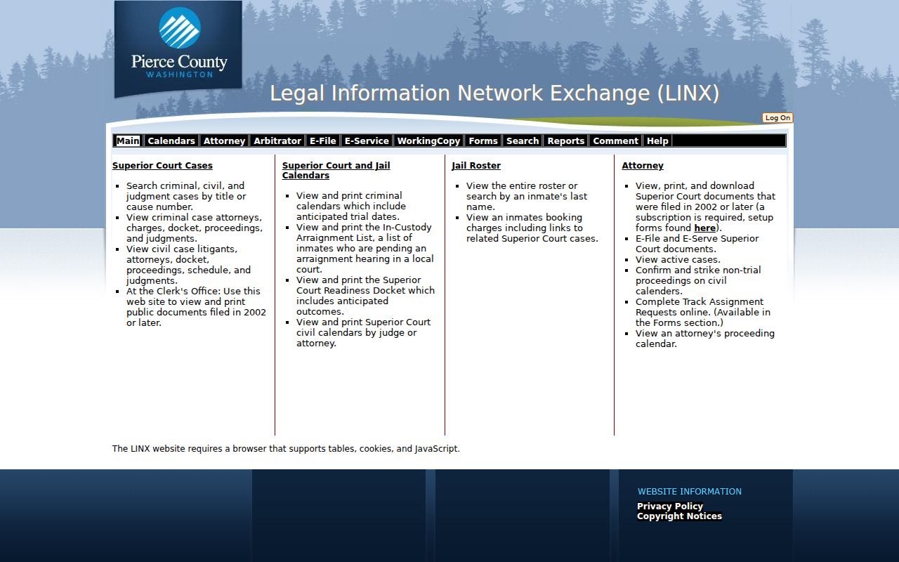 Pierce County court docket LINX main navigation